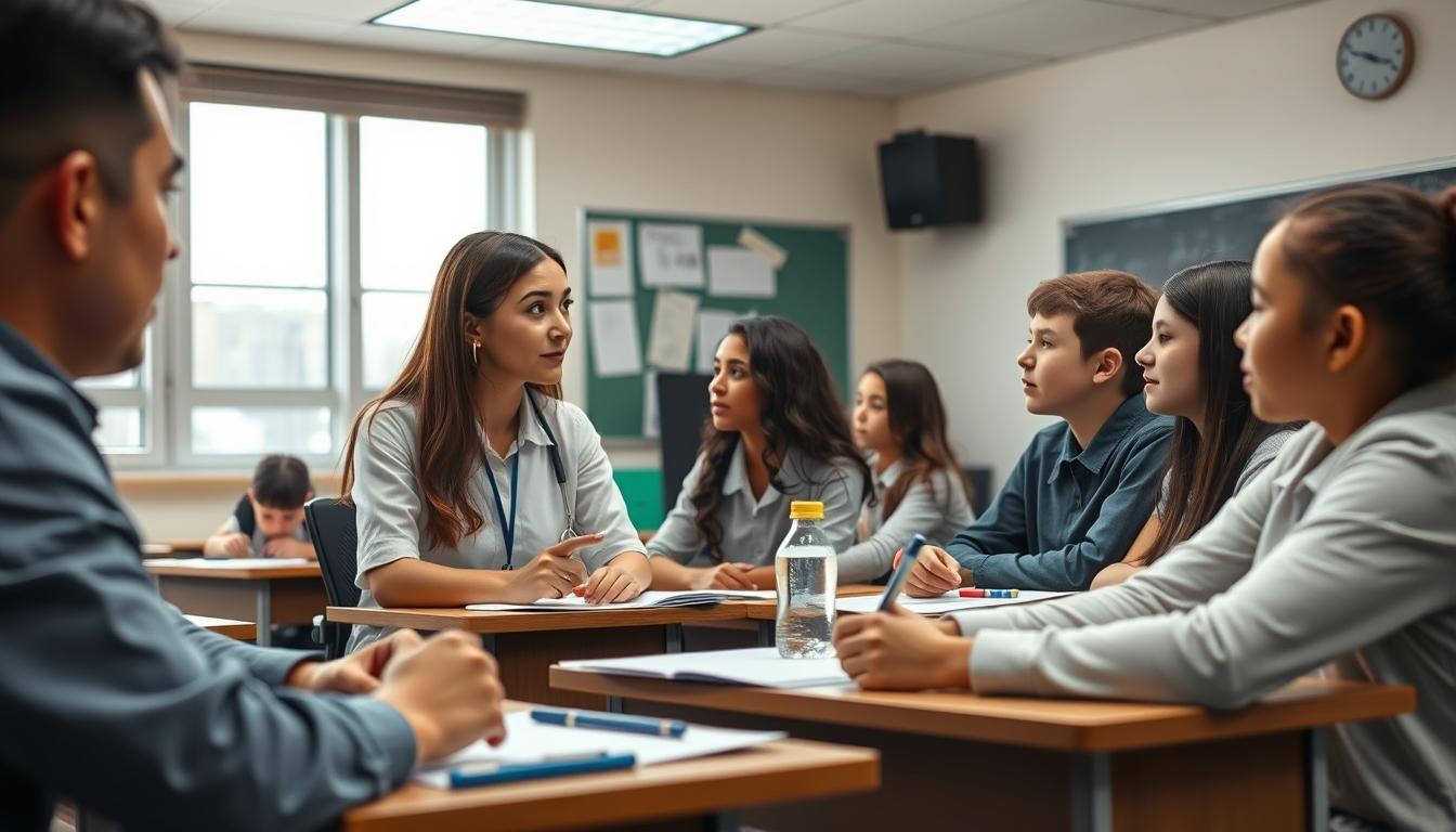 Students studying together in modern classroom